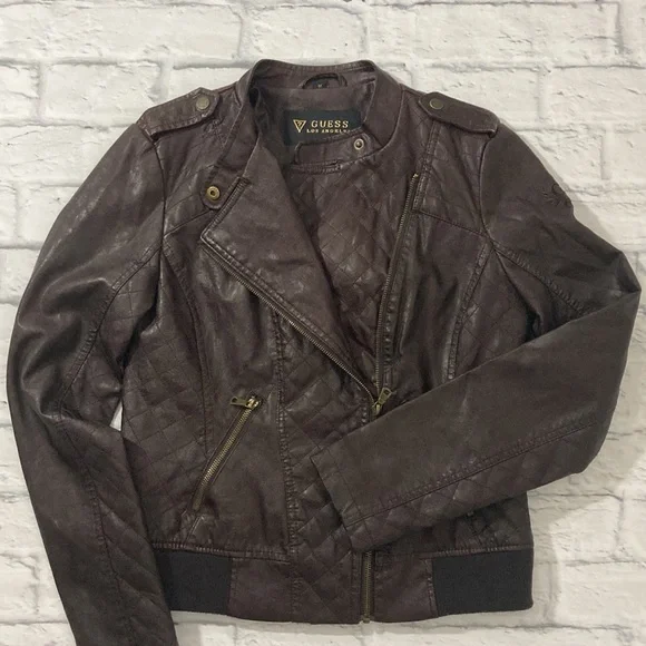 Womens Guess Jacket size Medium Brown Faux Leather Zip Up Jacket - Picture 3 of 9